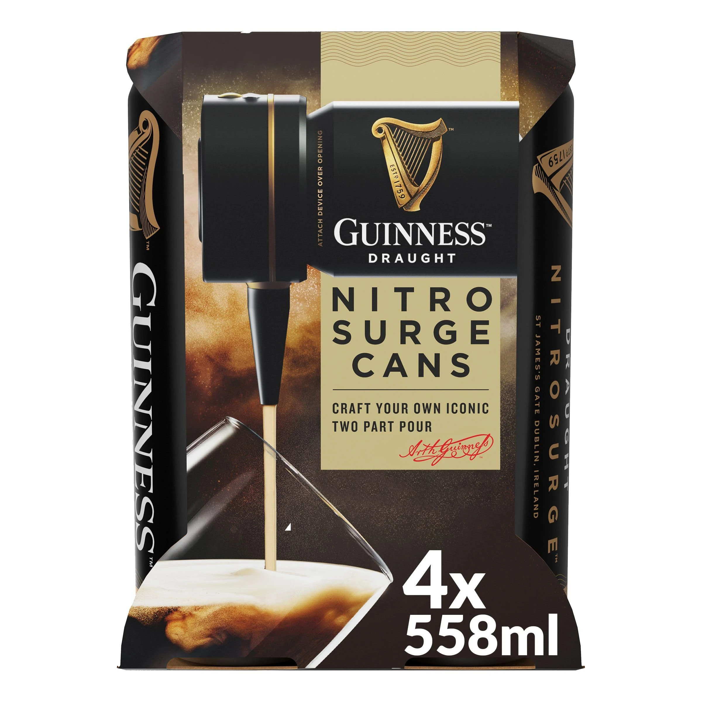 Guinness Draught│Nitrosurge│Stout Beer│4.1% vol│4x558ml│Perfect Pub Pour At Home│Cans │Device Sold Separately