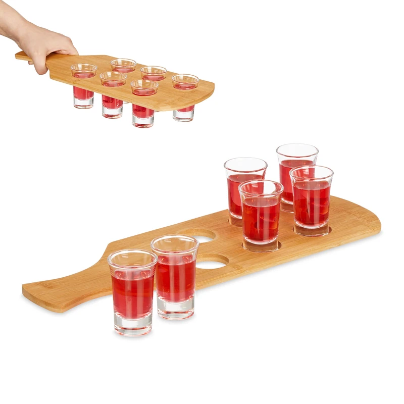 Relaxdays Shot Holder, 6 Glasses, Bamboo Handle, 40ml Capacity, Gift Idea, Celebration, Party, Stag Do, Drink, Natural