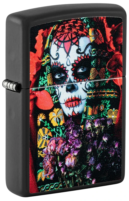 Zippo Windproof Lighter, Sugar Skull Woman Design – Matt Black, Black Light – Refillable, Reusable, Windproof Design – Comes in Gift Box – Made in USA - Image 1