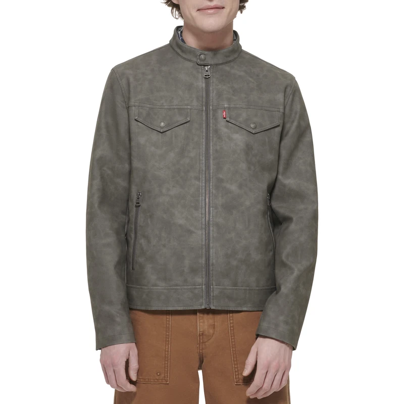 Levi's Men's Faux Leather Racer Jacket, Light Grey Nubuck, Large
