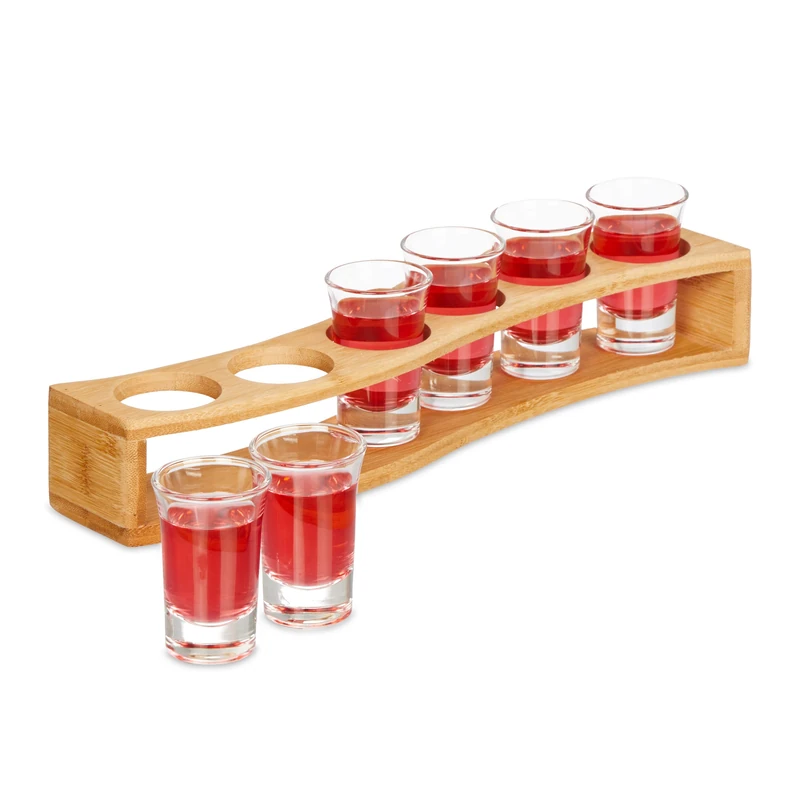 Relaxdays Shot Holder, 6 Glasses, Bamboo Handle, 40ml Capacity, Gift Idea, Celebration, Party, Stag Do, Drink, Natural, 8 x 33 x 7.5 cm