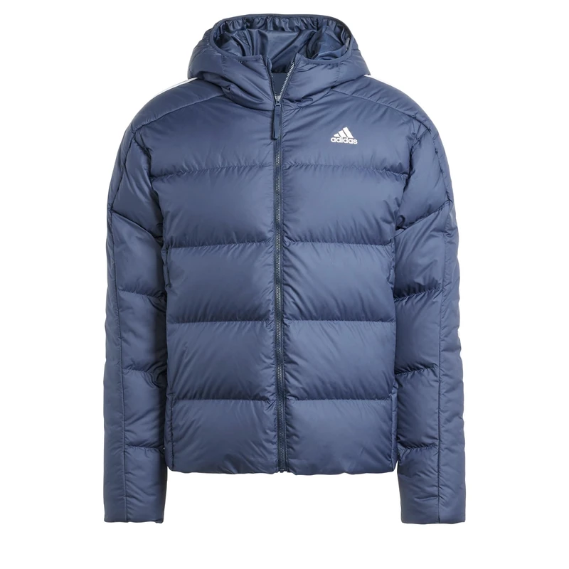 adidas Men's Essentials Midweight Down Hooded Stripes Jacket (Plus Size), Legend Ink, M Extra Tall