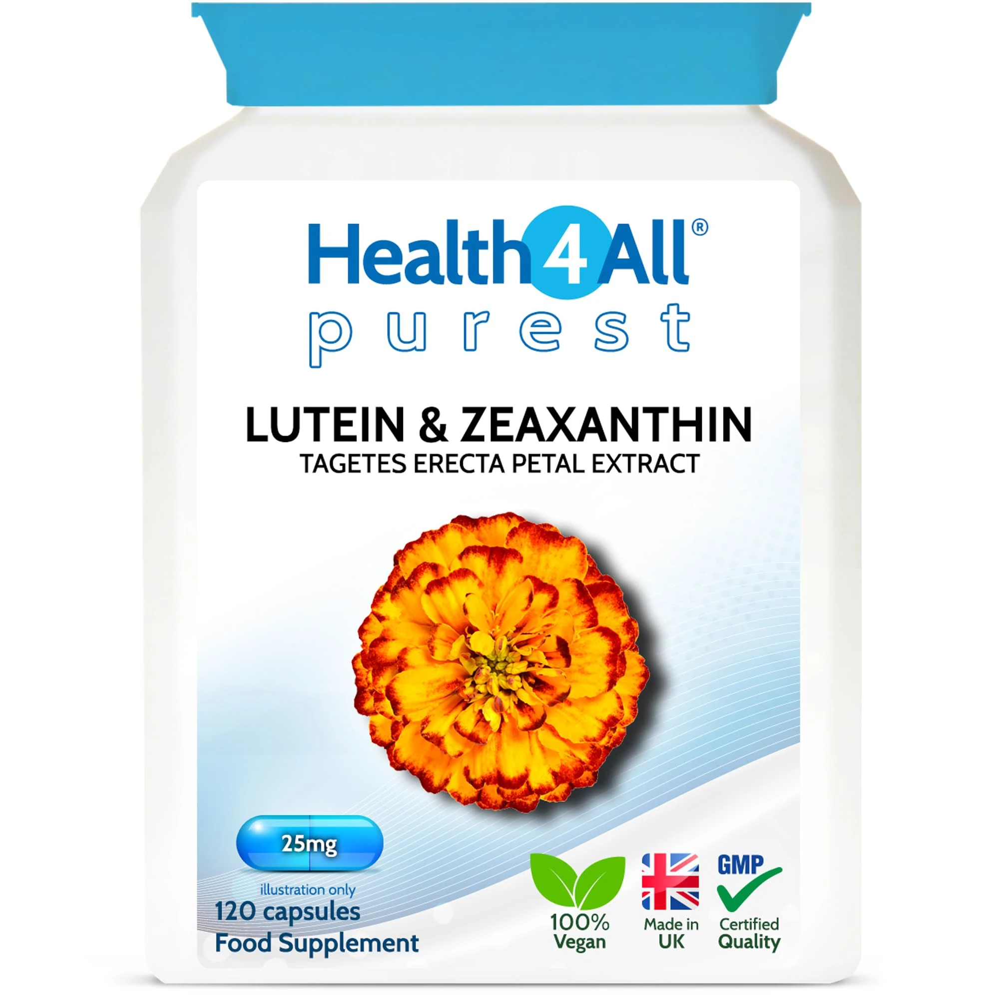 Health4All Lutein and Zeaxanthin Supplement 25mg per Capsule, 120 Capsules 4 Months Supply, Purest Eye Health Marigold Extract Supplement, Natural Eye Vitamins for Vision Care & Floaters | Made in UK