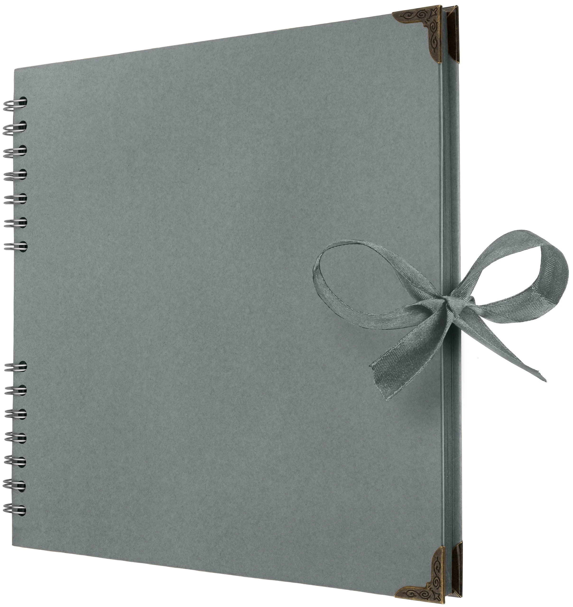 Bstorify 25.4 x 25.4 Cm Scrapbook Album 70 Pages Grey Thick Kraft Paper Corner Protectors, Ribbon Closure - Ideal for Your Scrapbooking, Art & Craft Projects (Grey, 25.4 x 25.4 Cm)