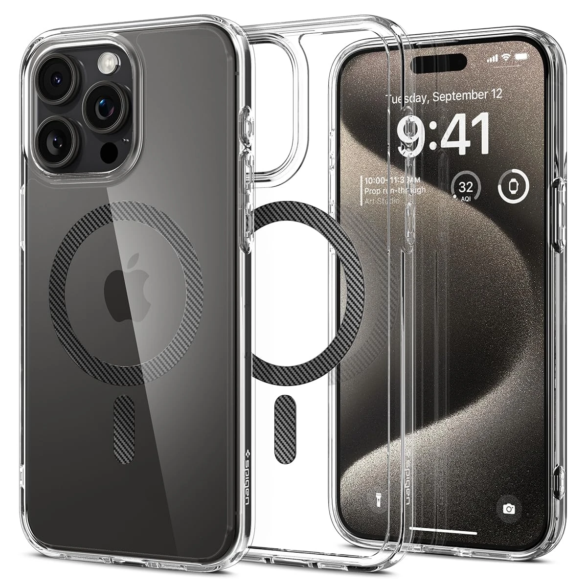 Spigen Ultra Hybrid MagFit Case for iPhone 15 Pro Max, Compatible with MagSafe Accessories [Anti-Yellowing] [Military-Grade Drop Protection] - Clear Carbon Fiber