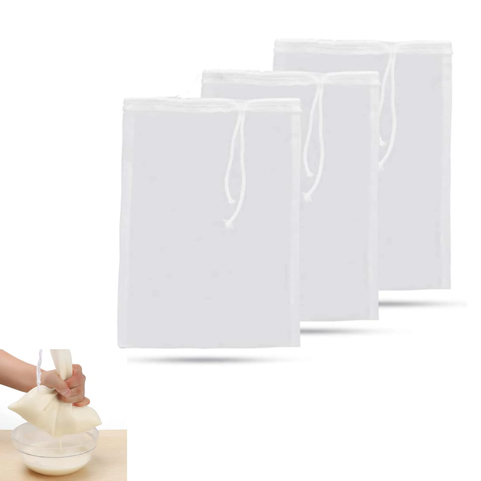 3pcs Fine Mesh Straining Bags,Reusable Micron Fine Mesh Filter Bags with Rope,Cold Brew Coffee Cheese Cloths Strainer,Washable Strainer Bag for Home Brewing Hops Grains Fruit Cider Grape Wine