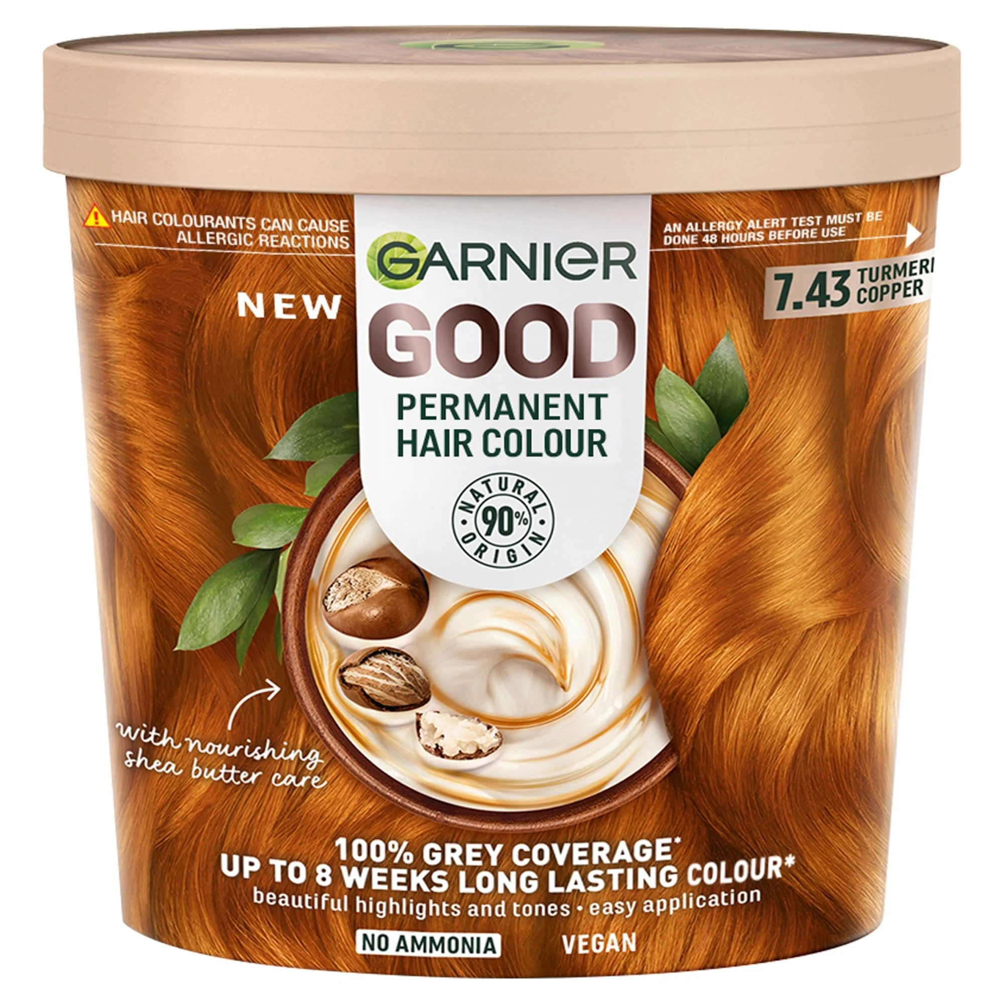 Garnier GOOD Permanent Hair Dye, 7.43 Tumeric Copper. Ensures 100% grey coverage and 8-week colour. No ammonia, vegan shea butter formula delivers vibrant results for all hair types.