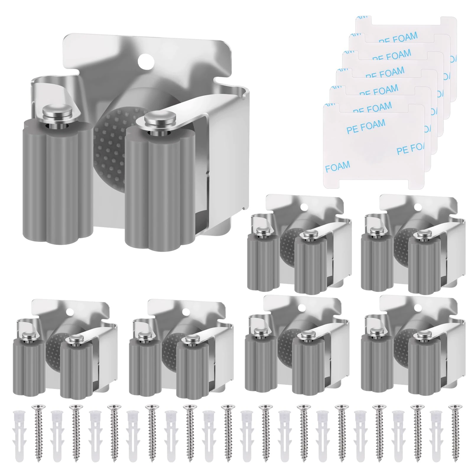 Hejo 6 Packs Broom Holder Wall Mounted, Heavy Duty Mop Holder Racks, Stainless Steel Broom Hooks Ideal for Bathroom, Kitchen, Garage, Garden Tool Organizer, Brush Mop and Broom Gripper (6 Racks Grey)