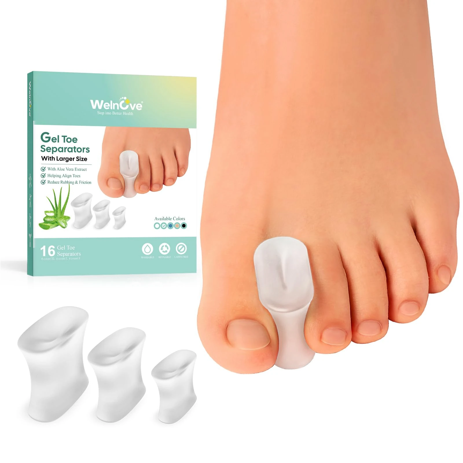 Welnove Upgraded Gel Toe Separators – 16-Pack Aloe Vera Extract Infused Silicone Toe Spacers for Straightening Overlapping Toes, Bunions, Calluses – Bunion Corrector for Men and Women (3 Sizes)