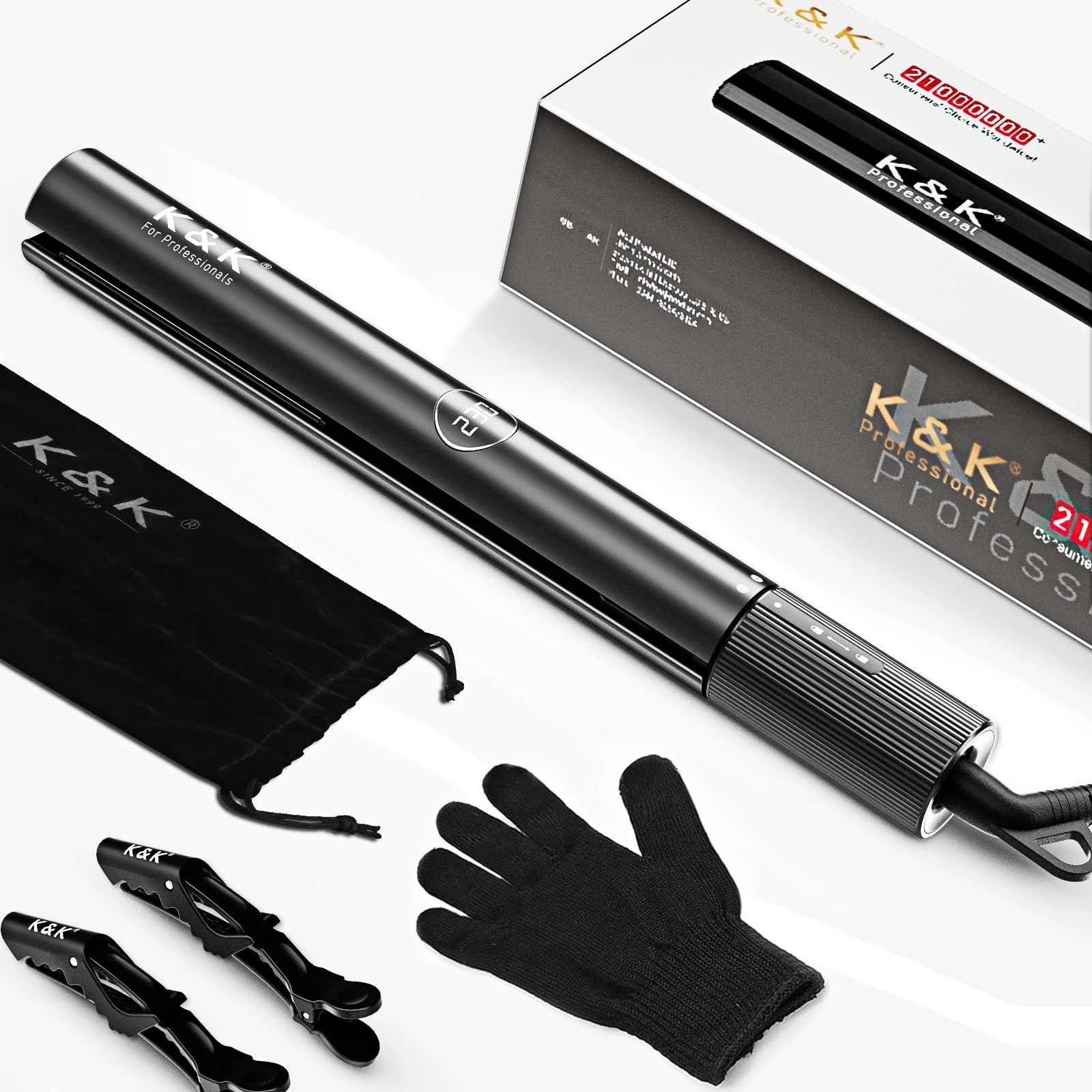 K&K Hair Straighteners for Women, Professional Straightener and Curler 2 in 1,100% Pure Titaniuam with Nano Ceramic Tourmaline Coating Plate, 130-230°C Dual Voltage Flat Iron UK Plug, Black