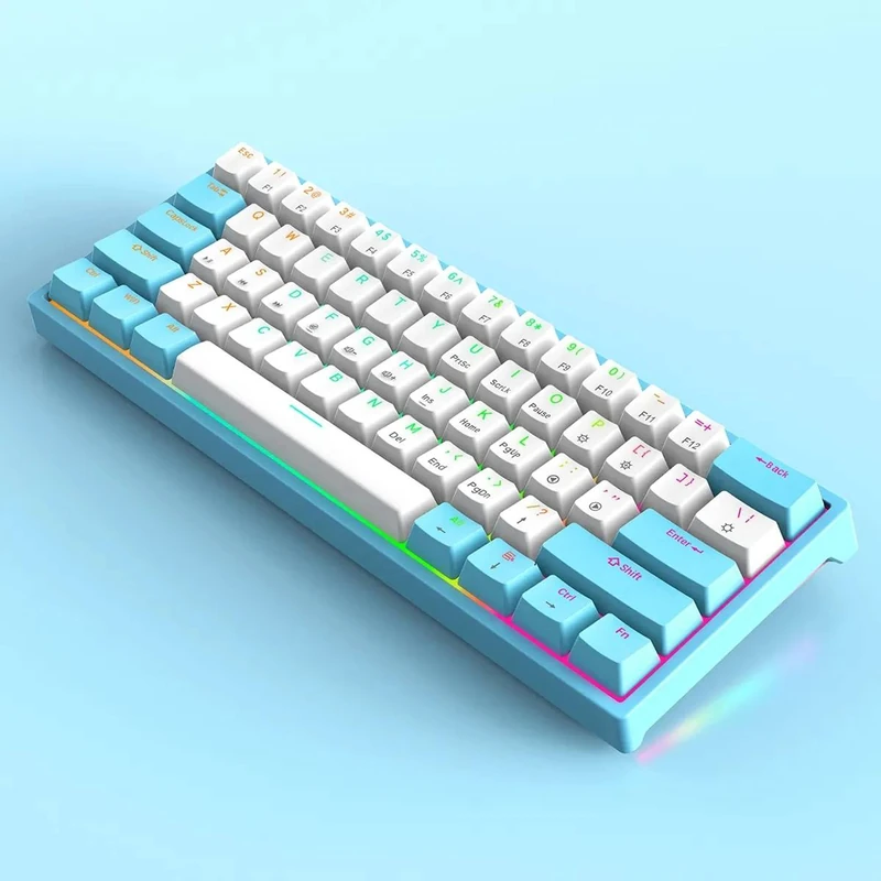 White, 60% Mechanical Gaming Keyboard, 61 key, RGB backlit, Green/Blue mechanical switch wired keyboard, for Windows/Mac/IOS (Blue And White)
