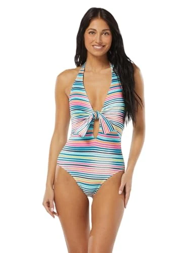 Vince Camuto Women's Tie Front Halter One Piece Swimsuit, Multi, 10