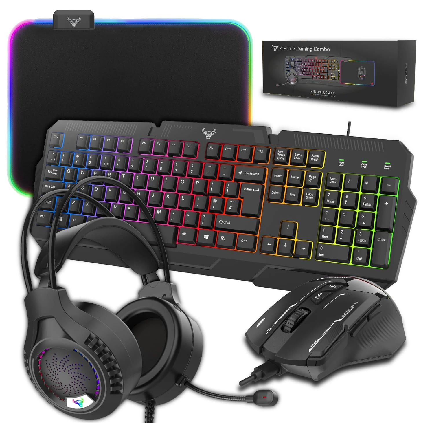 Z-Force Keyboard Mouse Headset Mouse Pad Gaming Set Combo, Backlit Rainbow Gaming Keyboard, 7200DPI RGB Programmable Mouse, Ø50mm Driver Headset, RGB Mouse Pad with USB-C Port Gaming Bundle
