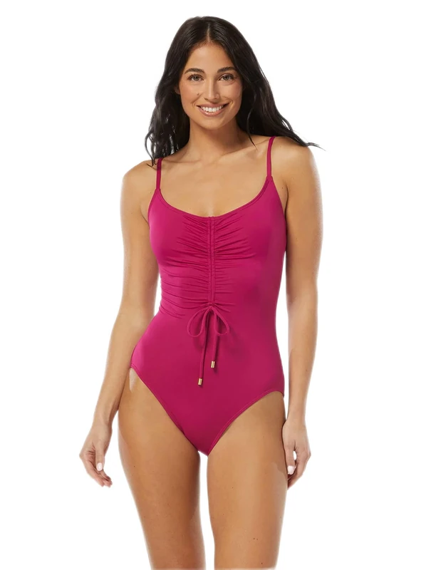 Vince Camuto Women's Cinch Front V-Neck One Piece Swimsuit, Raspberry, 8