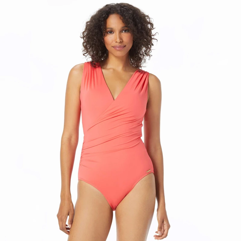 Vince Camuto Women's Standard Shirred Surplice ONE Piece, Watermelon