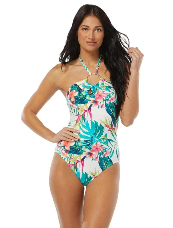 Vince Camuto Women's Logo Ring Cut Out Halter One Piece - Multi