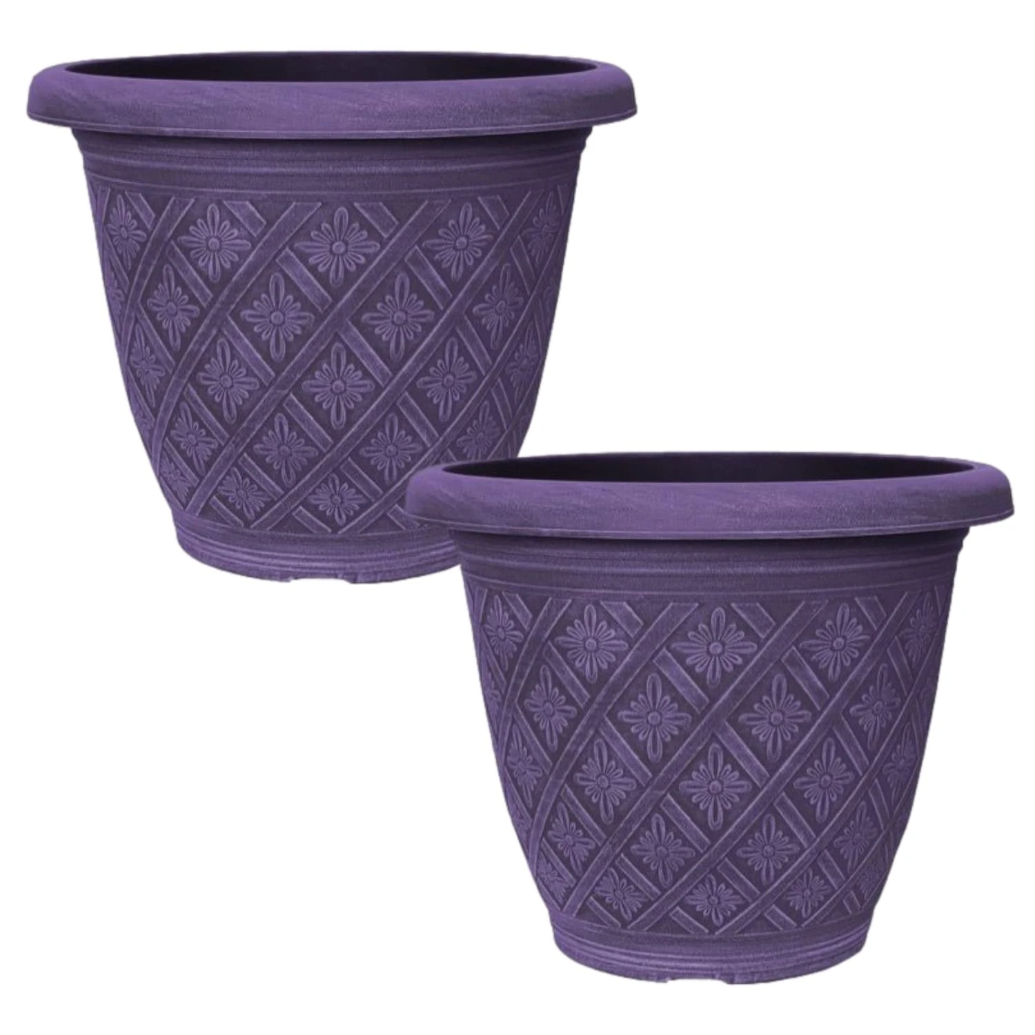 Fyne-Finds Set of 2 Round 33cm Garden Plant Pot Woven Flower Outdoor Deco Planter Frost Proof, Weatherproof, Drainage Hole (Purple)