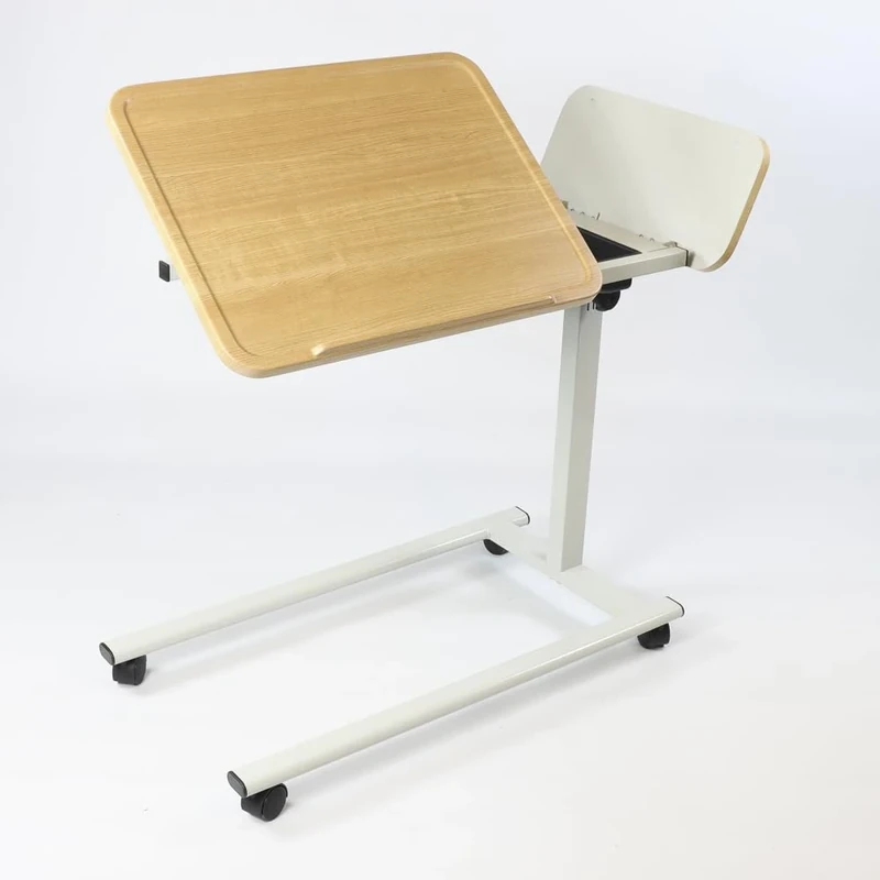 NRS Healthcare Easylift Home Hospital Height Adjustable Tiliting with Storage Overbed Table - Beech Effect