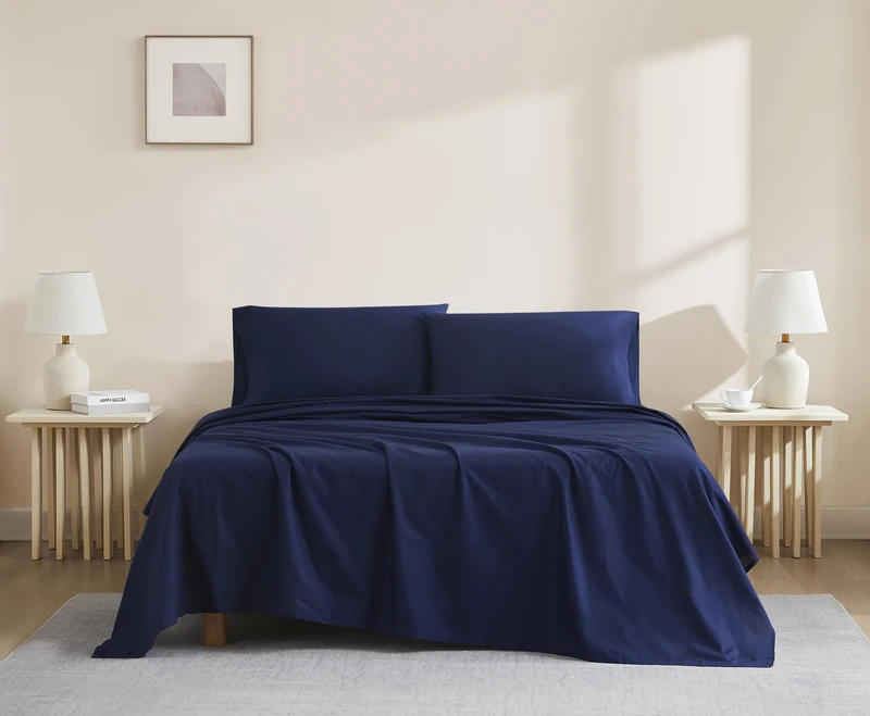 Linen Closet Luxury Cotton 144 Thread Count Organic Cotton 4-Piece Sheet Set, Full, Navy