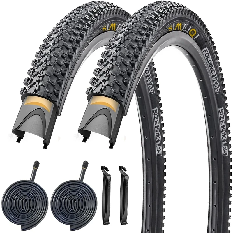 24/26/27.5 X 1.95 Inch Folding Bike Tires with 3mm Anti Puncture Proof Protection for Mountain Bicycles (26X1.95/2 Tires 2 Tubes)