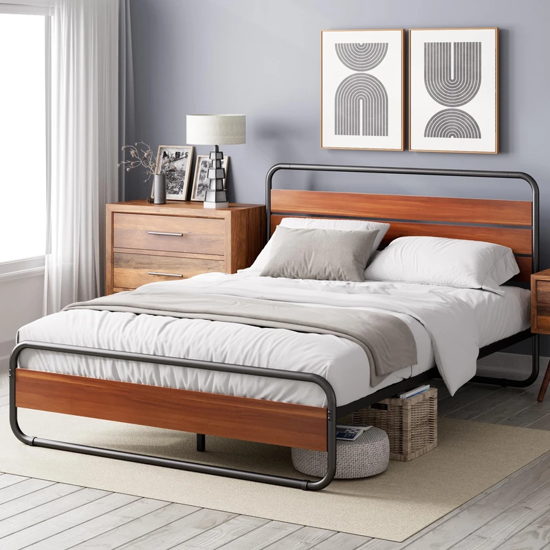Zinus Soren Double Bed Frame - Bed 135x190 cm - 30 cm Platform Bed with Headboard and footboard - Brown Metal and Wood Bed Frame