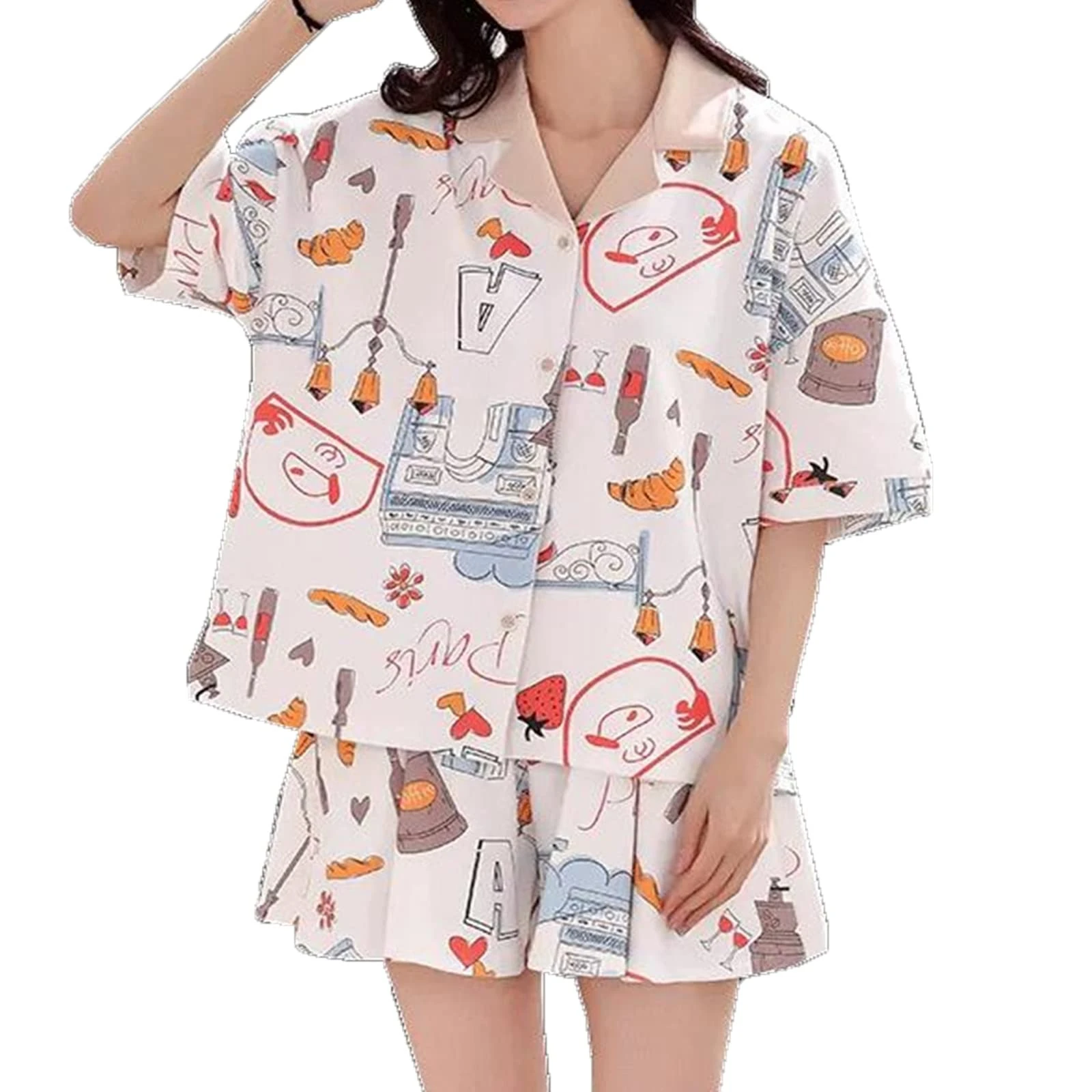 Womens Summer Pyjamas Set Cotton Pyjamas Short Sleeve Shorts Pajama Sets Cute Print Simple Sleepwear Homewear Pajamas Home Wear (Color : White, Size : XL)