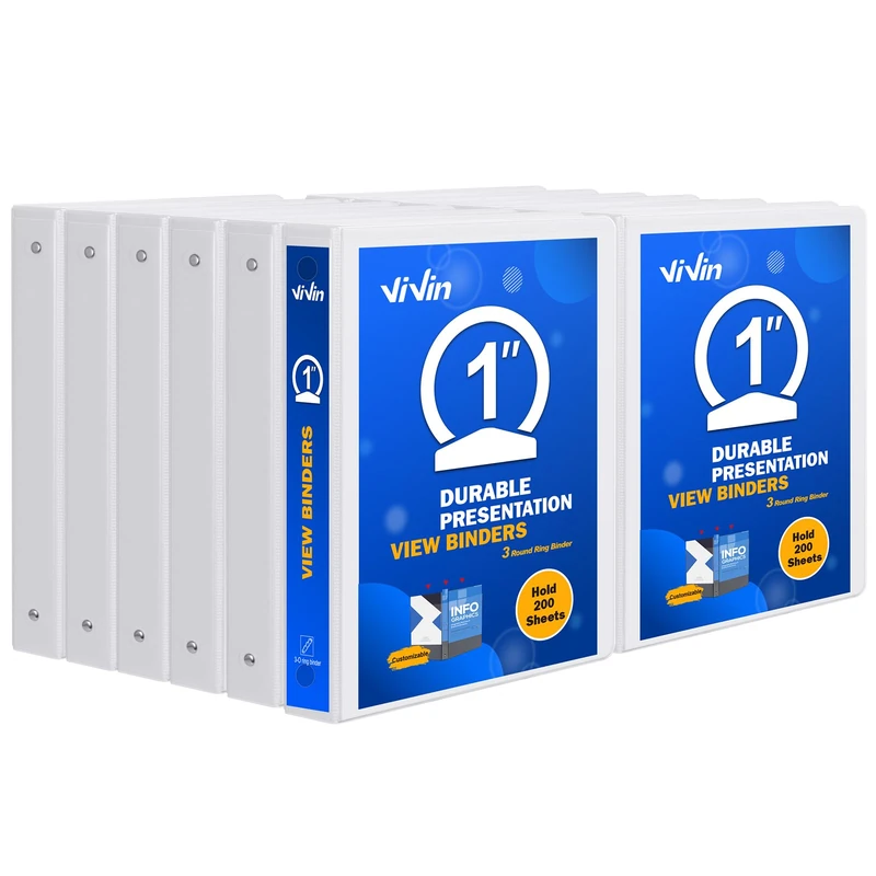 ViVin Durable 1 Inch Round Ring View Binder, Standard 3 Ring Binder for 200 Sheets of US Letter Size Paper, 12-Pack (White)