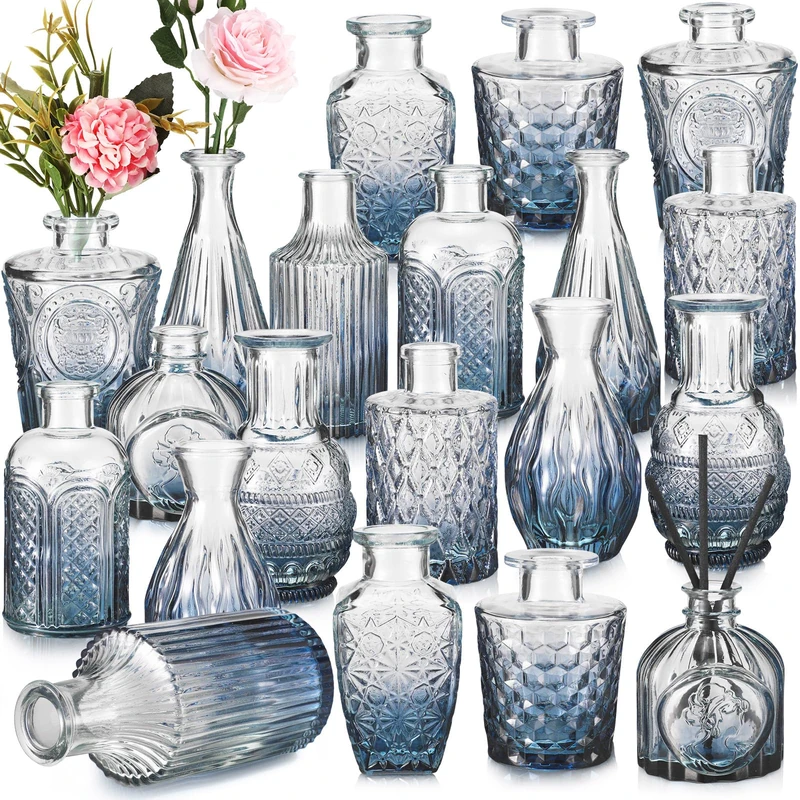 20 Pcs Glass Bud Vase Set Small Vases for Flowers Vintage Flower Vase in Bulk Cute Glass Vases for Centerpieces Rustic Decorative Glass Vase for Wedding Table Home Christmas Decoration (Gradient Blue)