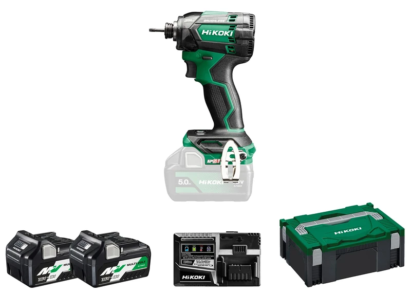 HIKOKI Akku-Schlagschrauber WH18DCWRZ, 1/4" Werkzeugaufnahme (18V, 2X 5,0Ah Akku, Max. Festdrehmoment 210 Nm, Bolzen und Muttern M5-M16, Brushless, Zubehör Koffer, Akku, Ladegerät)