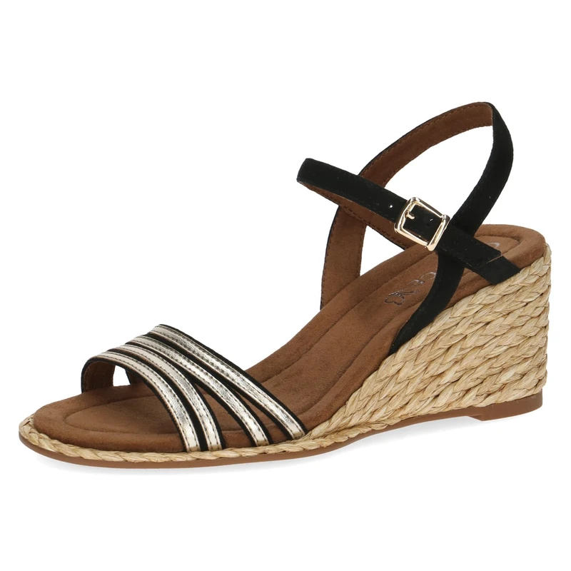 CAPRICE Women's Wedge-Heel Sandals with Adjustable Strap Summer, Black (Black/Gold), 5 UK