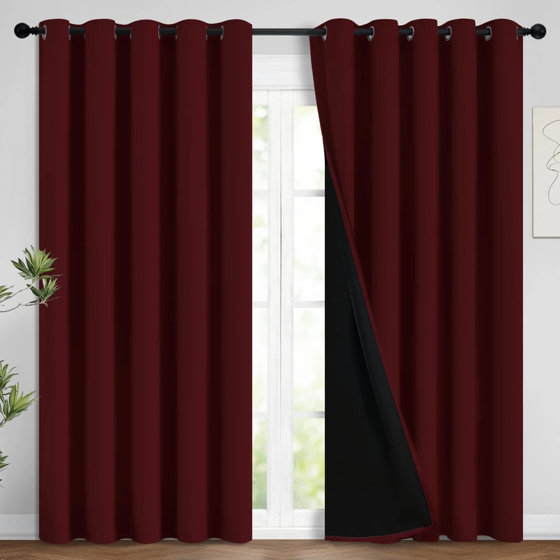Yakamok 100% Blackout Curtains for Living Room, Noise Reducing Drapes,Thermal Insulated Blackout Curtains for Bedroom(62Wx96L, Burgundy Red, 2 Panels)