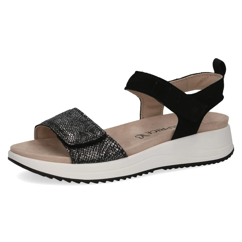 CAPRICE Women Sandals Flat Leather with Hook-and-Loop Closure, Black (Black Comb), 5 UK