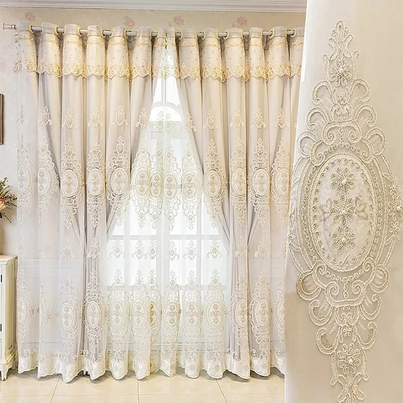Amidoudou 1 Pair European Double Layer Curtains with Valances for Living Room Bedroom Luxury 3D Flower Embroidered Curtains (Beige, 52 x 96 Inch)
