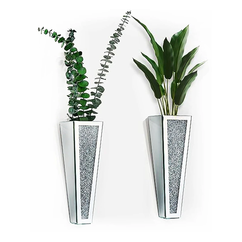 Wittolins Flower Vase, Crystal Wall Vase Hanging Planter Mirrored Container, Silver Crushed Diamond Home Decor for Living Room, Dining Room, Bedroom, Set of 2 （11.2 Inch High） - Image 1