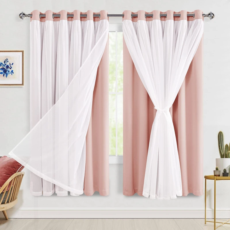 Hiasan Pink Blackout Curtains with Sheer Overlay Extra Wide Thermal Insulated Double Layer Window Curtains for Bedroom Living Room Nursery, 2 Panels with Tiebacks, Blush Pink, 70W X 63L