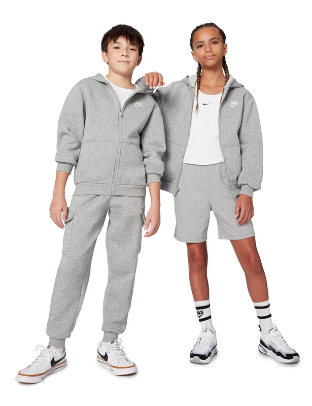 NIKE FD3004-063 K NSW CLUB FLC HD FZ LS LBR Sweatshirt Unisex DK GREY HEATHER/BASE GREY/WHITE Size S