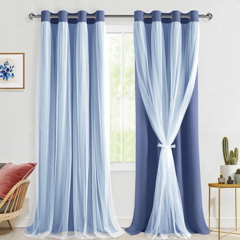 Hiasan Blackout Curtains with Sheer Overlay, Thermal Insulated Mix & Match Double Layer Room Darkening Window Curtains for Bedroom,Living Room,Nursery 2 Panels with Tiebacks (52W X 108L,Blue Haze)