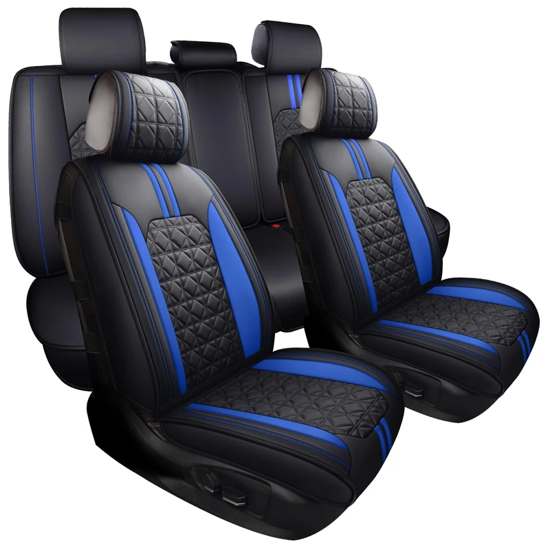 YIERTAI Seat Covers for Cars SUVs Truck Compatible with Toyota 4Runner Chr Honda Accord Ford Explorer Chevy Trailblazer Mazda CX5 CX9 Nissan Altima Waterproof Leather(Full Set Black-Blue)