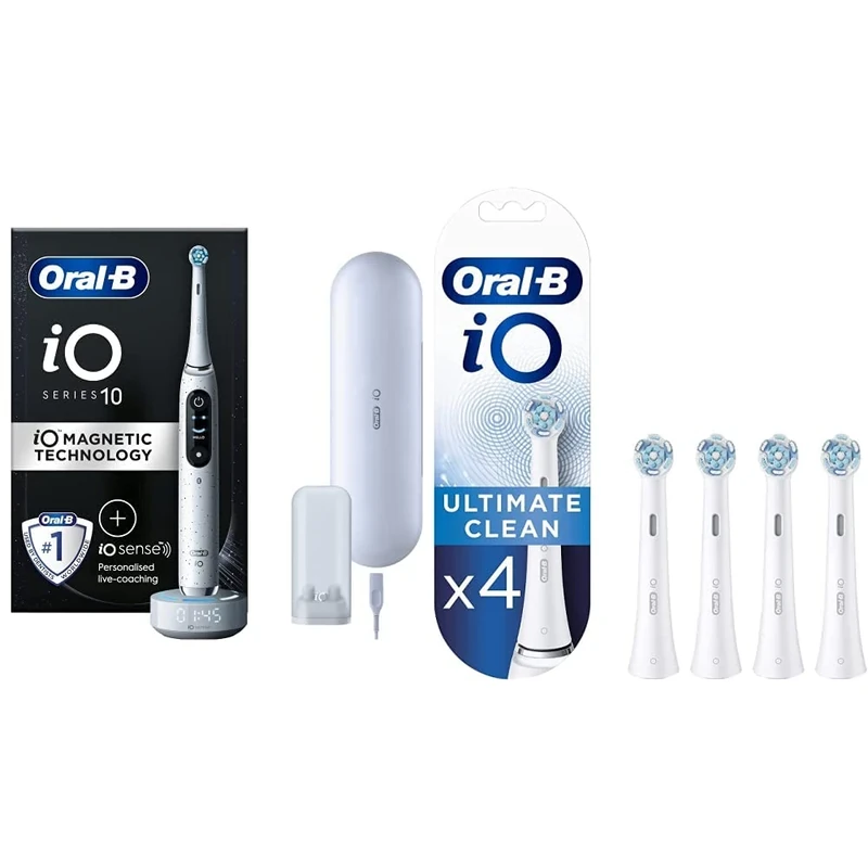 Oral-B iO10 Electric Toothbrush, Gifts for Women/Men & iO Ultimate Clean Electric Toothbrush Head, Twisted & Angled Bristles for Deeper Plaque Removal, Pack of 4 Toothbrush Heads, White