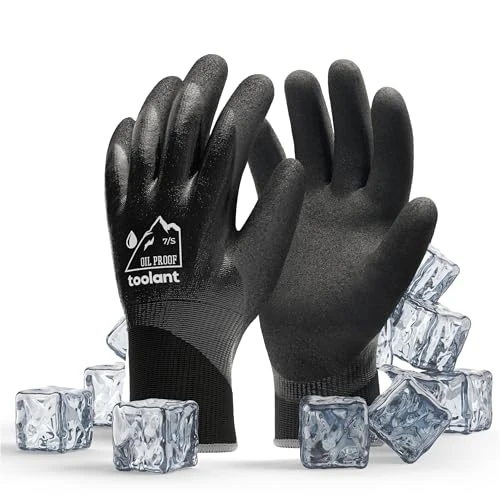 toolant Waterproof Gloves for Men and Women, Freezer Gloves with Grip, Double Nitrile Dipped for Extreme Oil Repellent, for Construction, Mechanics, Mining, Plumbing, Black, Small
