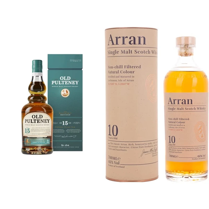 Old Pulteney 15 Year Old Single Malt Scotch Whisky, 70 cl & The Arran Malt Aged 10 Years Single Malt Scotch Whisky, 700ml