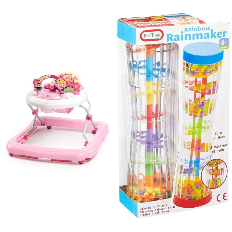 Bright Starts JuneBerry Walk-A-Bout Walker with Easy Fold Frame for Storage, Ages 6 Months + & Funtime 55914 Rainbow Rainmaker Toy,for 6 Months to 3 Years, 23cm