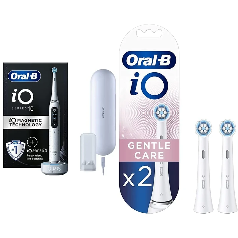 Oral-B iO10 Electric Toothbrush, Gifts for Women/Men, 1 Handle & iO Gentle Care Electric Toothbrush Head, Twisted & Angled Bristles for Deeper Plaque Removal, Pack of 2, White