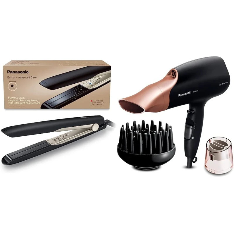 Panasonic EH-HS0E nanoe Hair Straightener for Flawless Style, Single Stroke Straightening with Advanced Smooth Gloss Ceramic Plate, Black/Champagne Gold & EH-NA65CN895 Nanoe Hair Dryer with Diffuser