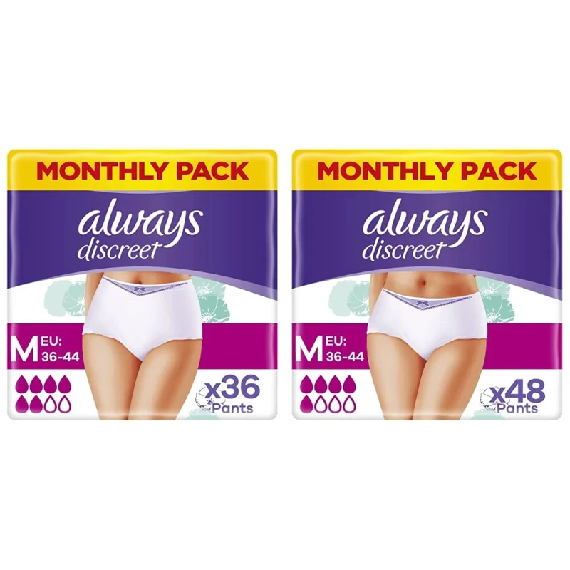 Always Discreet Incontinence Pants Women, Medium, Plus, 36 Pants & Discreet Incontinence Pants Women, Medium, Low Rise, 48 Pants, Odour Neutraliser