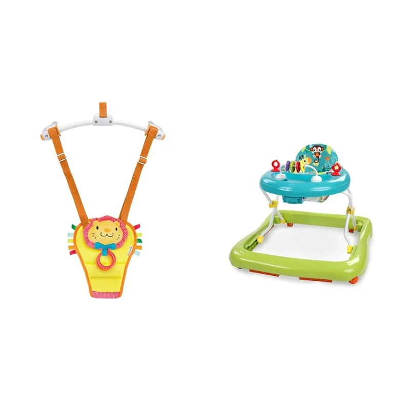 Munchkin Bounce & Play Door Frame Baby Bouncer, Adjustable Height Door Bouncer Baby Jumper & Bright Starts Giggling Safari Walker with Easy Fold Frame for Storage