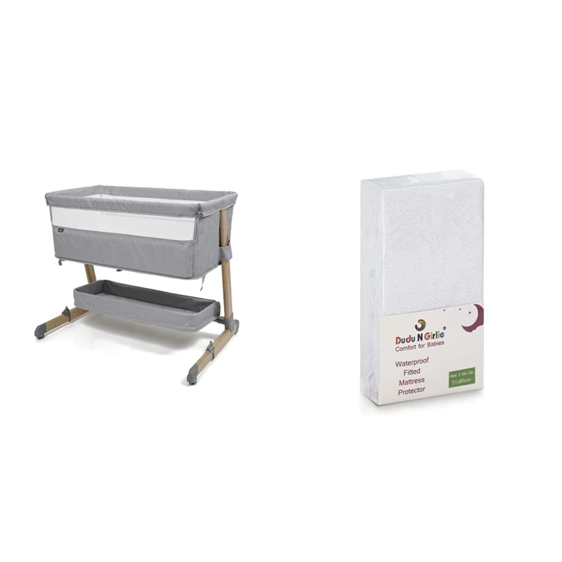 Babylo Co Sleeper Crib, Grey/Wood & Dudu N Girlie Next2Me Terry Cotton 100 Percent Waterproof Crib Mattress Protector, 51 cm x 85 cm,White