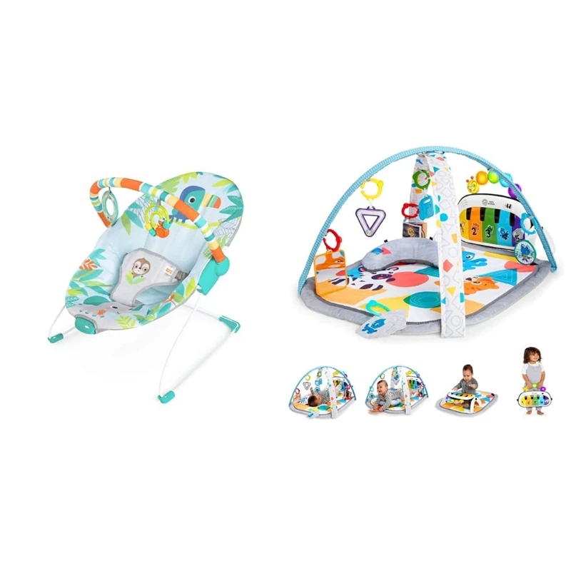 Bright Starts, Rainforest Vibes Baby Bouncer, Removable Toy Bar with 2 Toys & Baby Einstein, 4-in-1 Kickin' Tunes and Language Discovery Play Gym with Piano, Mat
