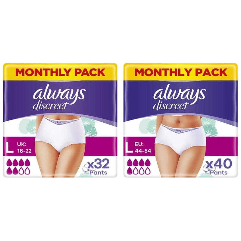 Always Discreet Incontinence Pants Women, Large, Plus, 32 High Absorbency Pants & Discreet Incontinence Pants Women, Large, Normal, 40 Pants, Odour Neutraliser