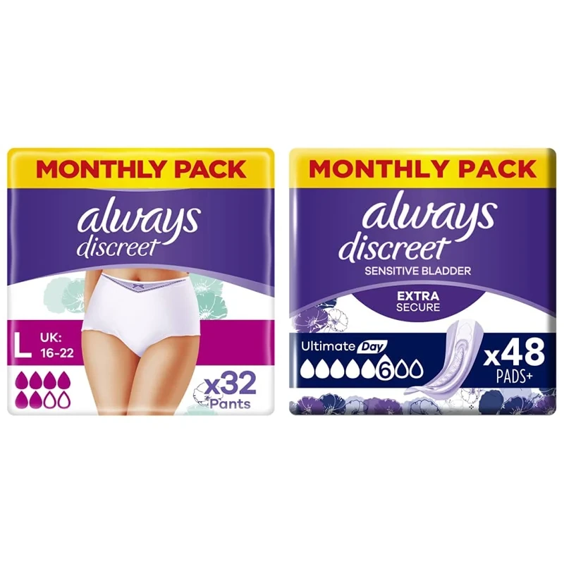 Always Discreet Incontinence Pants Women, Large, Plus, 32 High Absorbency Pants & Discreet Incontinence Pads Plus Women, Ultimate Day, 48 High Absorbency Pads (12 x 4 Packs